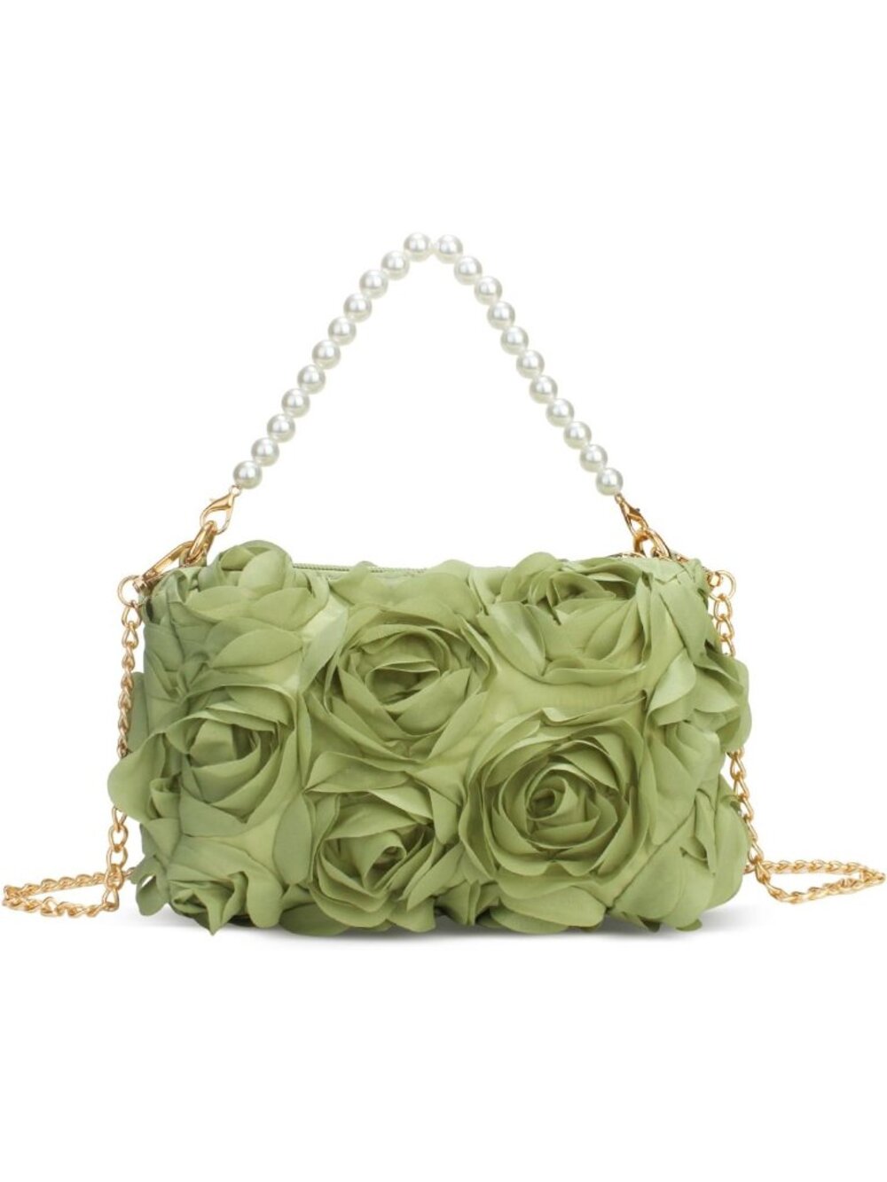 Women's Green 3D Floral Chiffon Pearl Beaded Top Handle Evening Clutch Purse